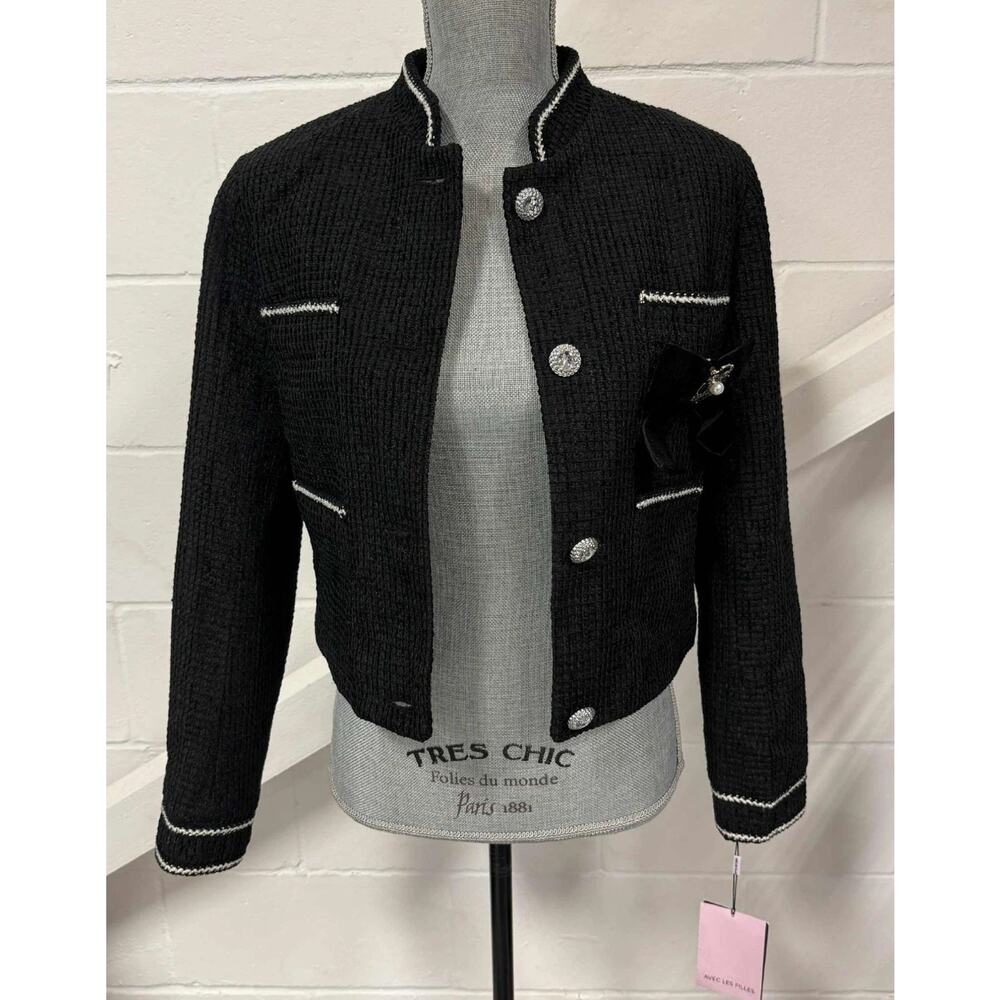 Avec Les Filles Tweed Crop Jacket Career Black Velvet Bow Trim Women’s Small NWT - Picture 5 of 16